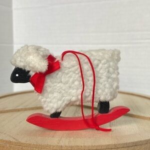 Vintage Midwest Of Cannon Ornament Wooden Sheep With Fleece White Black Red